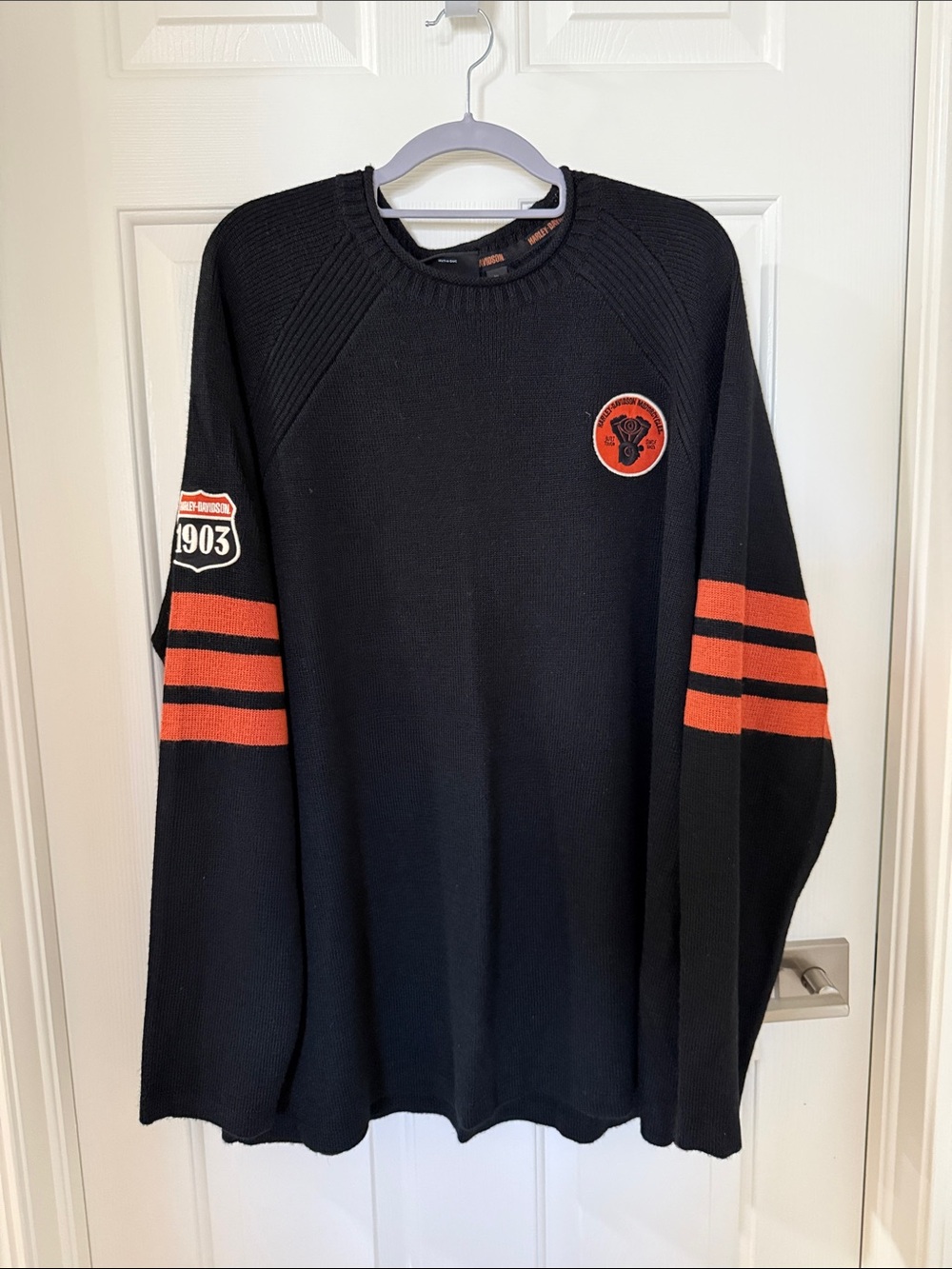 Harley-Davidson Black Crewneck Sweater with Orange Sleeve Stripes